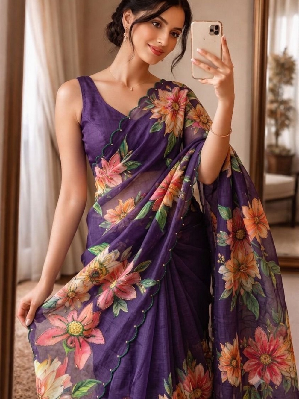 Purple Floral Hand Painted Linen With Beaded Work Super Soft Saree
